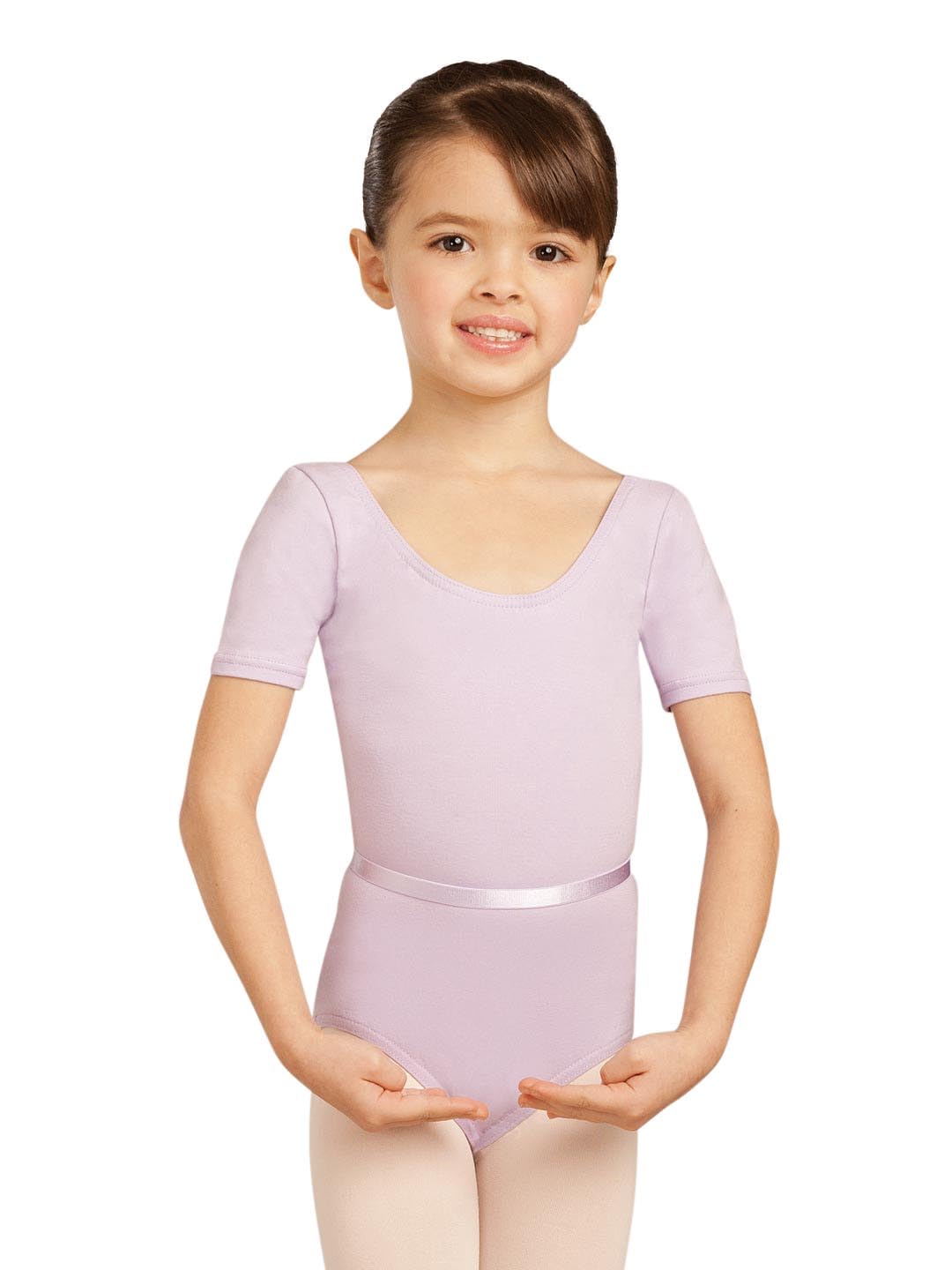 Capezio Scoop Neck Short Sleeve Ballet Leotards for Girls, Soft and Stretchy Dance Leotard with Cap Sleeves and Removable Belt, Ballerina Dance Costume, CAD400C, Lavender, Kids Aged 4-6 Years