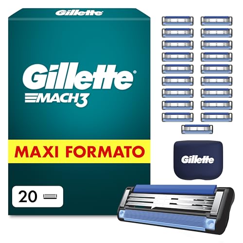 Gillette Mach3 Base Lot de 20 lames de rechange pour rasoirs Gillette avec bandes lubrifiantes pour glissement liquide et revetement de lame, conçues pour reduire