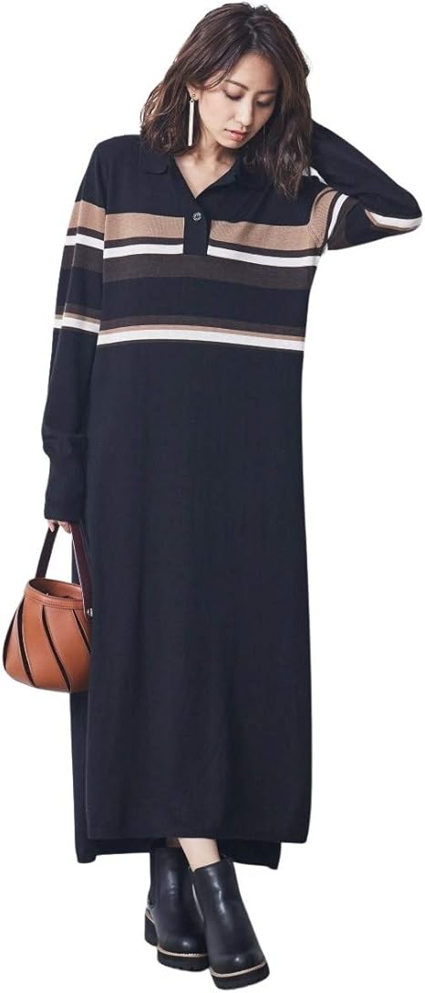 Amazon Co Jp Nissen ニッセン ワンピース ドレス カジュアル ワンピース シックスタイル ポロニットロングワンピース 黒 10l 服 ファッション小物