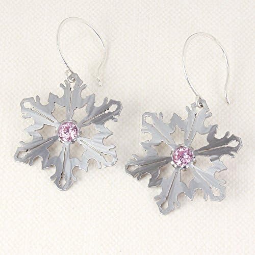 Snowflake Earrings, Stainless Steel with Pink Cubic Zirconia, Sterling Earwires