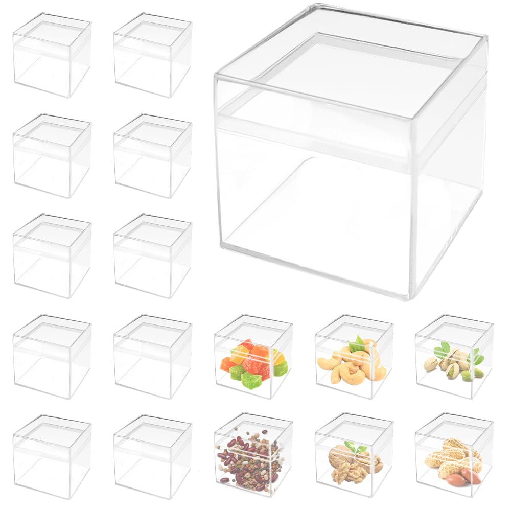 KLYNGTSK 24 Pack Square Cube Display Case 5 x5 x 5 cm Transparent Plastic Square Cube Mini Clear Squared Containers Plastic Squared Cubes Containers with Lid Small Acrylic Display Box for Candy Pill
