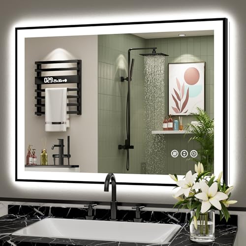 AWANDEE 40x30 LED Bathroom Mirror Black Framed