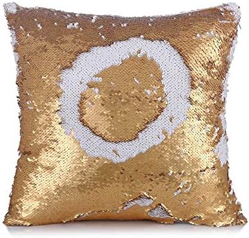 LGNL Reversible Sequin Pillow Case Decorative Square Throw Pillow Cover Cushion Case 16"x16" (Gold+White)