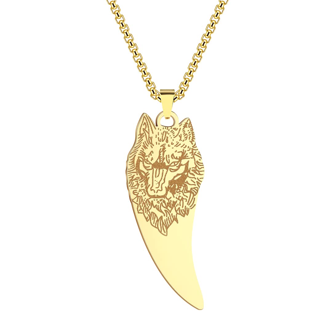 LUTAKU Mens Jewellery Wolf Fang Gold Necklace for Men Boys Unisex Wild Animal Scandinavian Talisman Pendants Stainless Steel Hip Hop Chains for Men (Wolf Fang-G)