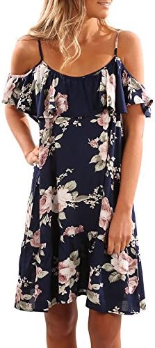 Aking Women's Summer Ruffle Cold Shoulder Floral Print Casual Mini Dress