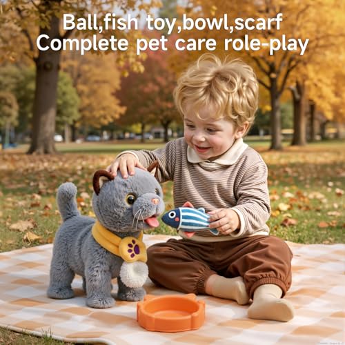 TUMAMA Walking Toy Cat with Remote Control Leash, Walking,Meowing, Shake Tail, Licking, Electric Interactive Stuffed Animal, Birthday Gift for Kids