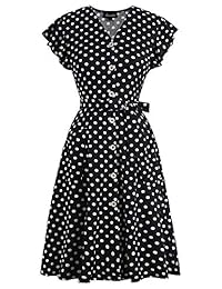 Vestido a media pierna con cuello en V y manga larga con volantes y cuello en V de Lamilus para mujer con bolsillos