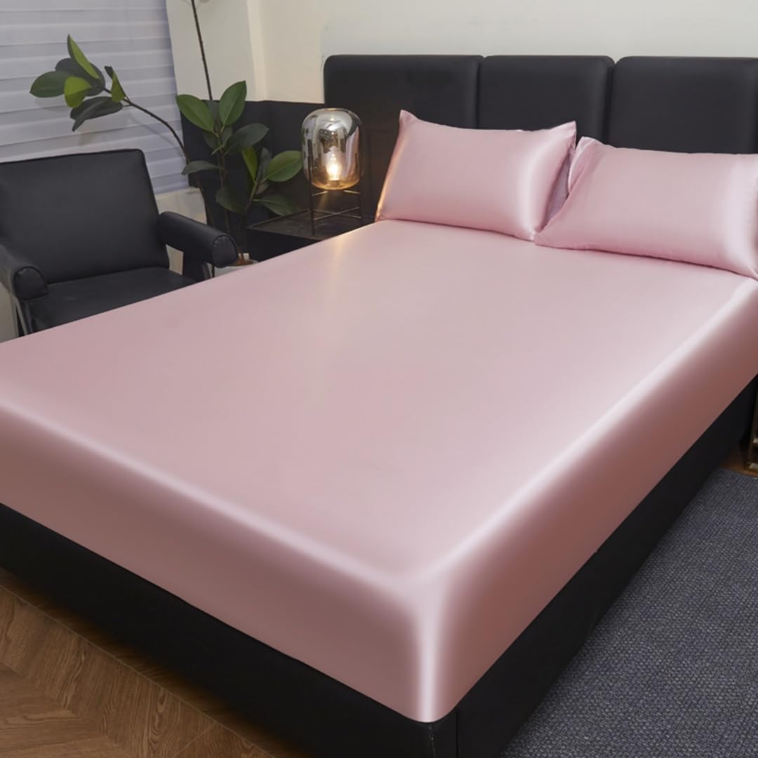 Photo 1 of 1 Piece Satin Fitted Sheet Only Classic Luxury Silky Soft Bed Sheets Solid Color (Twin, Pink)