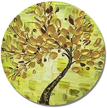XSHUHAN Hand Painted Oil Painting Modern Hand Painted Abstract Circular Frame Green Background Golden Leaf Tree Oil Painting On,23.62×23.62in
