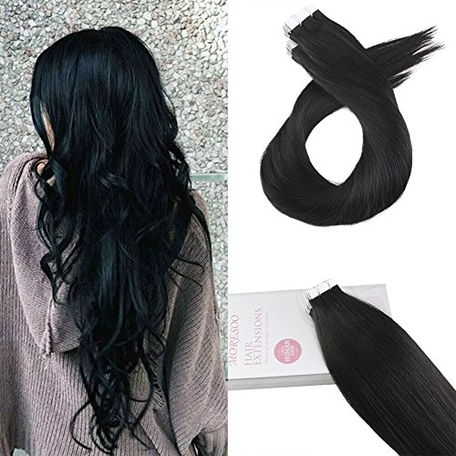 Moresoo 20 Inch Jet Black Color #1 Hair Extensions Invisible Glue in Remy Human Hair Extensions Soft and Silky Human Hair Extensions 20pcs/50g