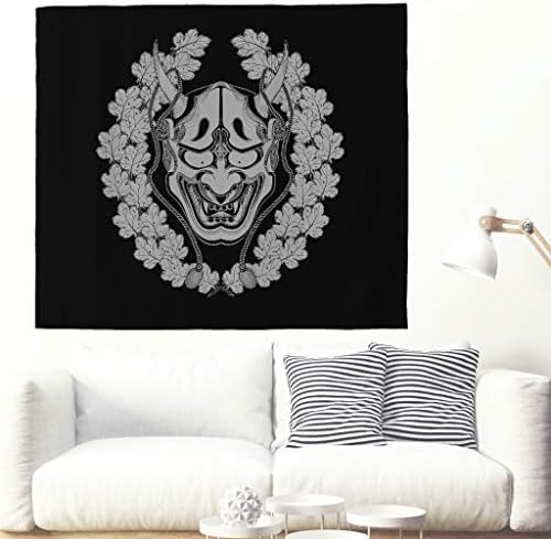 Plain Hanya Oak Leaf Artwork Tapestry Cool Japanese Oni Mask Tattooed Wall Hanging Tapestry Traditional Folklore Wall Ceiling Dorm Bedroom Wall Decor 150x130cm White