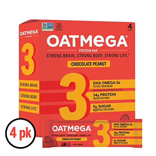 OATMEGA Protein Bar, Chocolate Peanut, Energy Bars Made with Omega-3 and Grass-Fed Whey Protein, Healthy Snacks, Gluten Free Protein Bars, Whey Protein Bars, Nutrition Bars, 1.8 Ounce (4 Count)