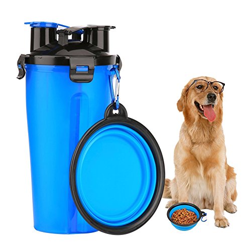 HLovebuy Pet Water and Food Bottle 2 in 1 Water Container Portable Dog Travel Outdoor Food Bottle with Bowl for 250g Food and 350ml Water
