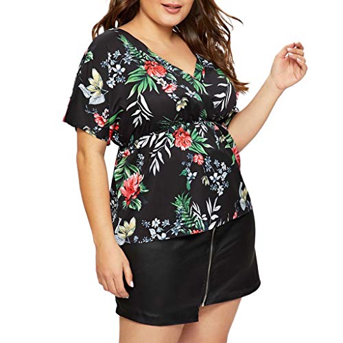 TnaIolral Women Deep V-Neck Printed Plus Size Tops Loose T-Shirt Blouse Black