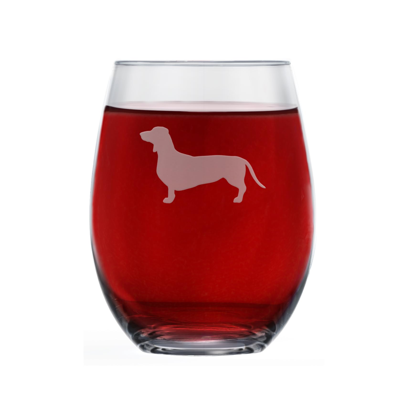 Dog Breed Stemless Wine Glasses (One Glass) | Dog Lovers Gifts for Him and Her | Hand Etched 2-Sided Silhouette with Breed Name on the Bottom (Dachshund)