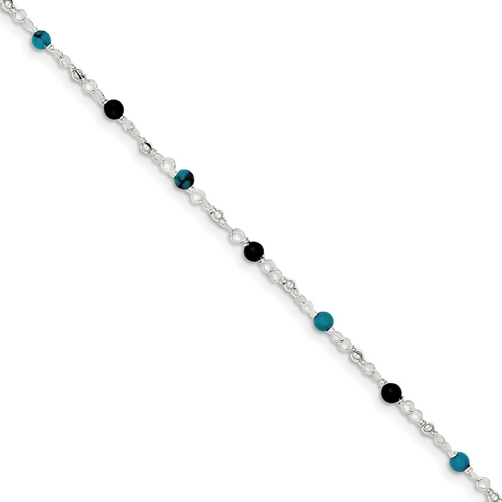 925 Sterling Silver Onyx Turquoise Anklet 10inch for Women