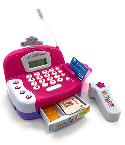 Toy Cash Register Cashier Playset Battery Operated, Kids Pretend Play Set ,Colorful Childrens Cash Register w/ Microphone, Scanner, Calculator, Play Money & Groceries /Kids Supermarket Cashier (Pink)
