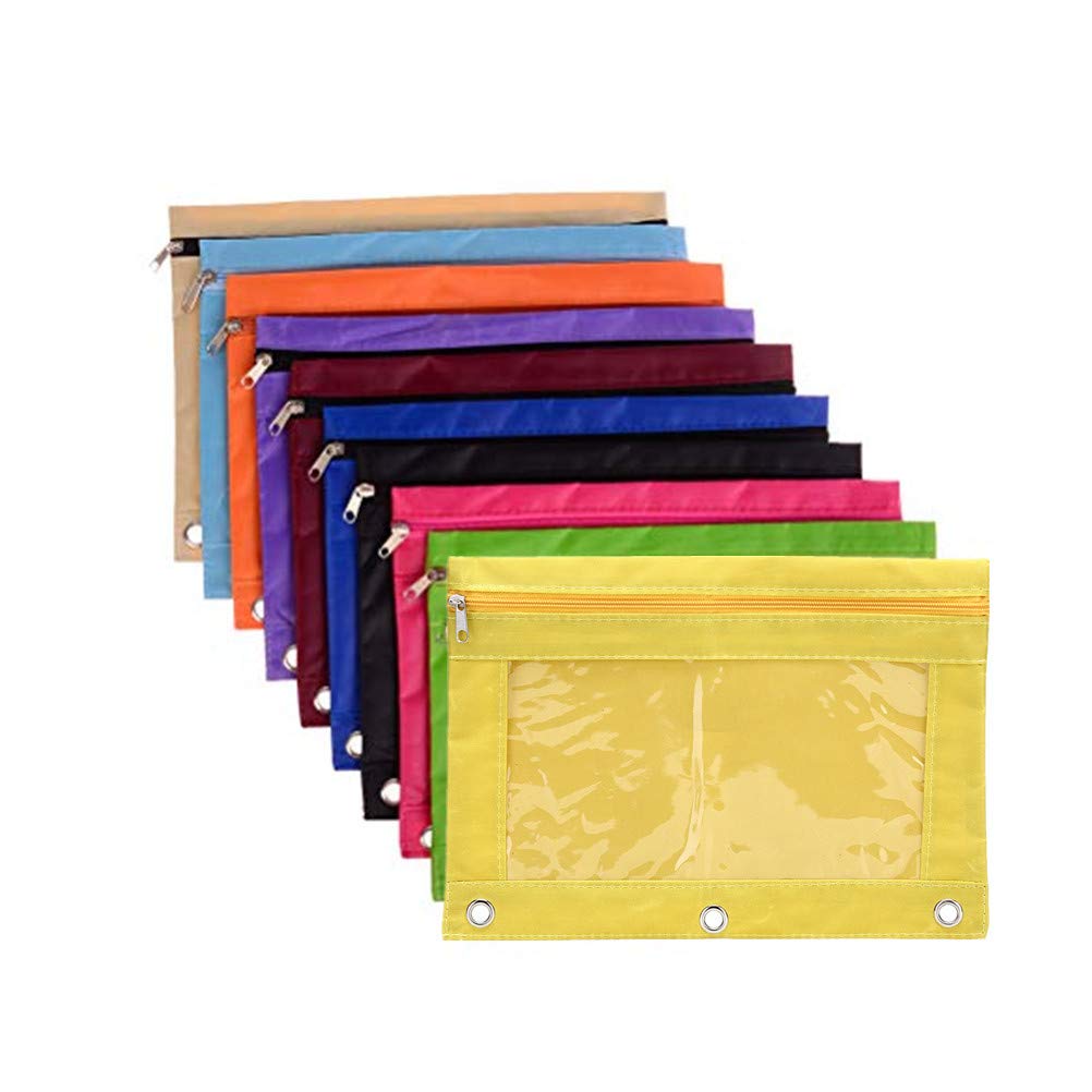 10 Pcs Ring Binder Pencil Pouch, Pencil Bag with Holes 3-Ring Zippered Pouches Binder Bag - 9.8 x 7 Inches, Assorted Colors