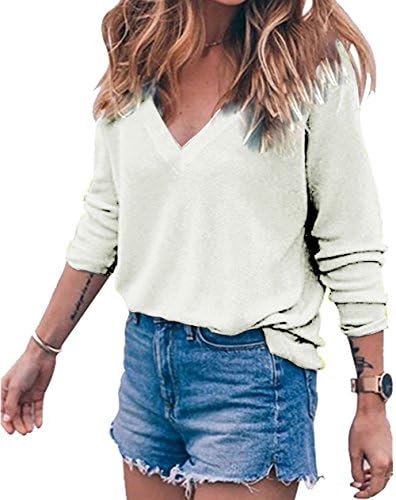 BLINGLAND Womens Loose V-Neck Pullover T Shirt Knit Tops (Medium, White)
