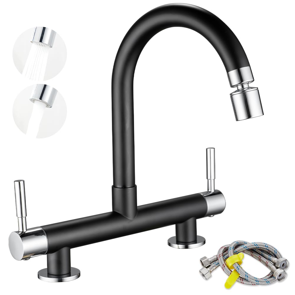 Maynosi Bridge Kitchen Sink Mixer Taps, 2 Hole Kitchen Bridge Faucet with Muti-Function Aerator, 360° Swivel Spout, 180 mm Centers Deck Mounted, Include UK Standard Pipes, Brass, Mixed Colors