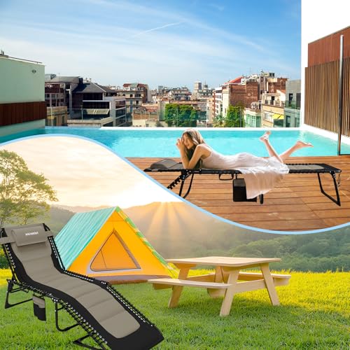 WKFAMOUT Folding Sun Lounger with 5 Adjustable Positions with Removable Pocket and Folding Sun Lounger Pillow, Max Load 120 kg for Camping, Beach, Garden, Outdoor, 190 x 59 cm, Khaki