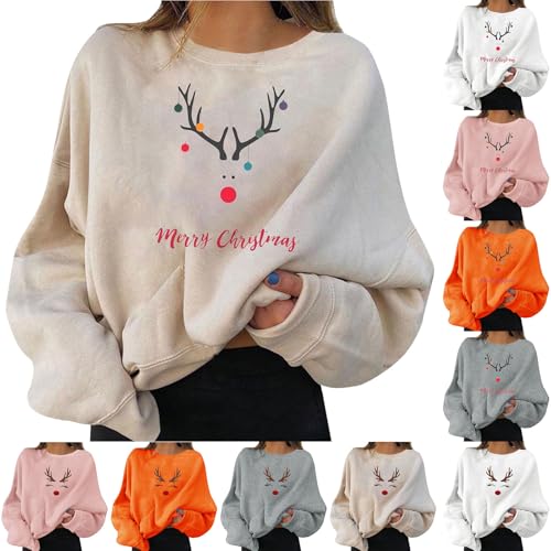 Nuaoxyeu Ladies Christmas Jumpers Christmas Jumpers for Women Funny Xmas Graphic Print Pullover Oversized Crew Neck Sweaters Loose Fit Casual Sweatshirts Warm Long Velvet Tops for Women UK