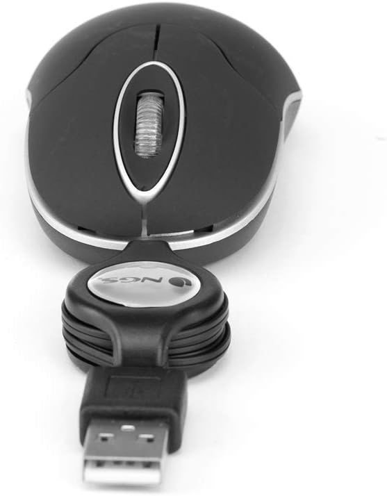 SIN BLACK - Ratón Óptico 1000dpi con Cable Retráctil USB, Ratón para Ordenador o Portátil con 2 Botones, Ambidiestro