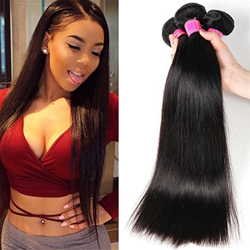 VRBest Hair Virgin Brazilian Straight Human Hair Extensions 3 Bundles Unprocessed Brazilian Virgin Hair Weave Bundles Natural Black Color (14 16 18)