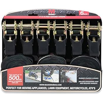 Mann Ratchet Tie Downs Straps 6-Pack with S-hooks 1-Inch x 15-Feet 500 Lbs Load Cap - 1500 Lb Break Strength (Camo)