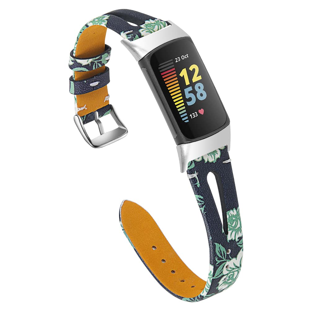 Gimuk Leather Strap Compatible with Fitbit Charge 5, Adjustable Replacement Strap Band Sport Fitness Wristband for Charge 5 Women Men (Black/Green)