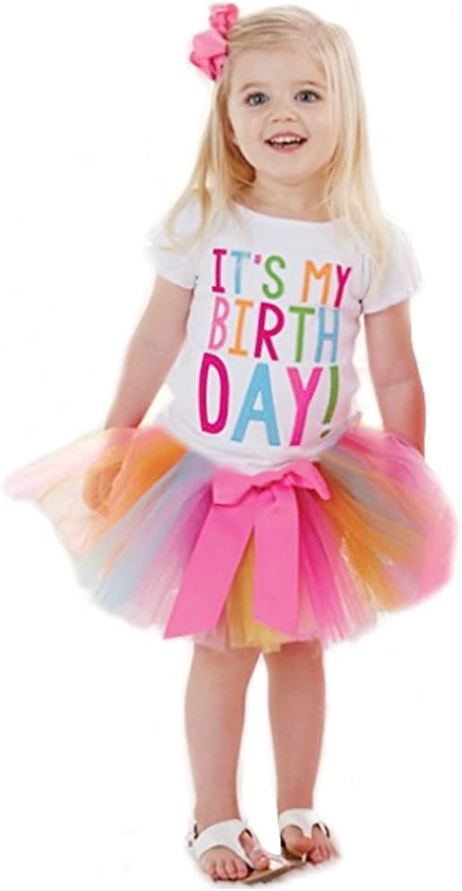 Baby Girl Its My Birthday Letter Print T-Shirt with Rainbow Tutu Dress Set 1-6T