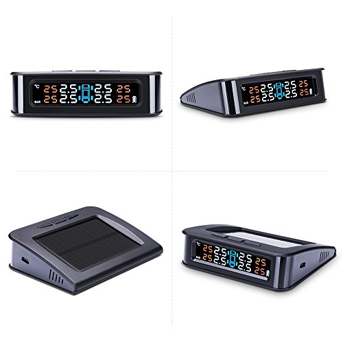 Jansite TPMS Tire Pressure Gauge Monitoring System Solar Support, Universal Wireless with 4 DIY External Sensors, Real-time Displays 4 Tires' Pressure and Temperature