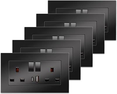 CNBINGO 5 Pack Double Switched Power Socket with Dual USB Type A C Black 13A