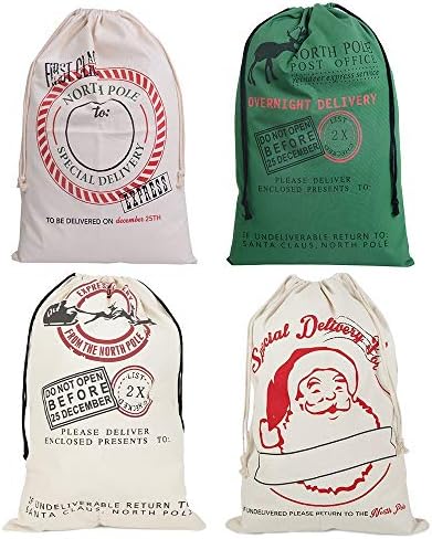 Fannybuy Santa Sack Personalized Bags Large Drawstring Canvas Burlap Bag Drawstring Delivery Extra Large Size 27.5"x19.5" (4 Pack=White Round+White Three Deer+White Santa+Green)