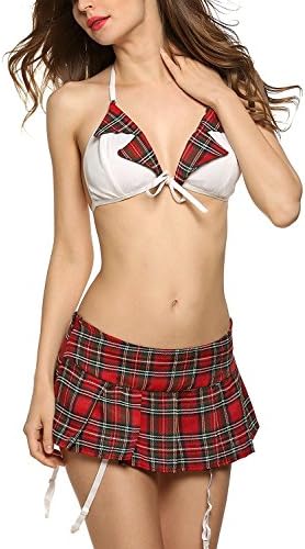 Locry Women Sexy Sleepwear Temptation Schoolgirl Plaid 3pcs Lingerie Set (S, Red)
