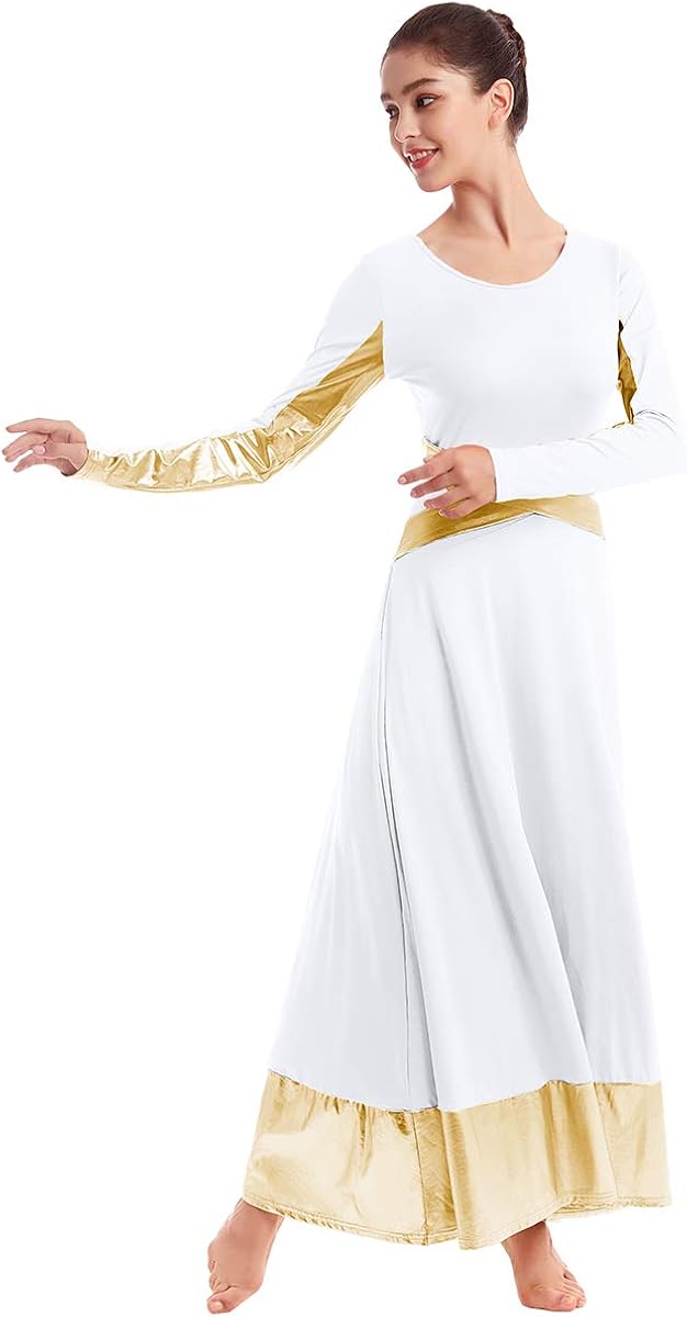 Metallic Gold Color Block Praise Liturgical Lyrical Dancewear for Womens Cross Dance Loose Full Dress Long Sleeve Costume: Clothing