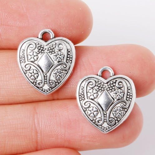 20 Pcs Antique Silver Heart Four Leaf Clover Lucky Charm Pendant 15x17mm (NS763)