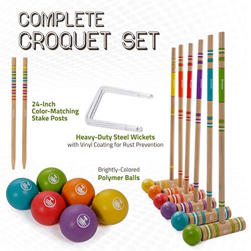 Harvil 6-Player Croquet Set for All Ages with Mallets, Balls, Stake Posts, Wickets, and Carrying Case - Light Wood