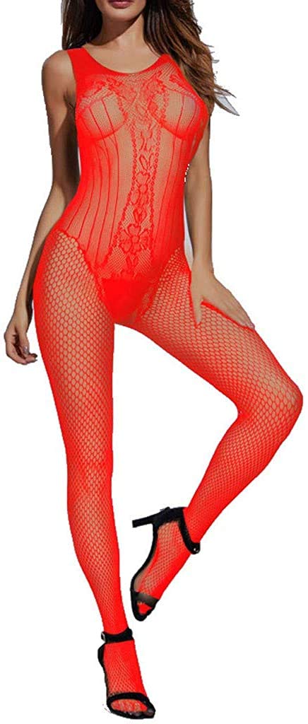 Czizi Ladies Sexy Lingerie Mesh Sheer Lace Bodysuit Pajamas (Red)