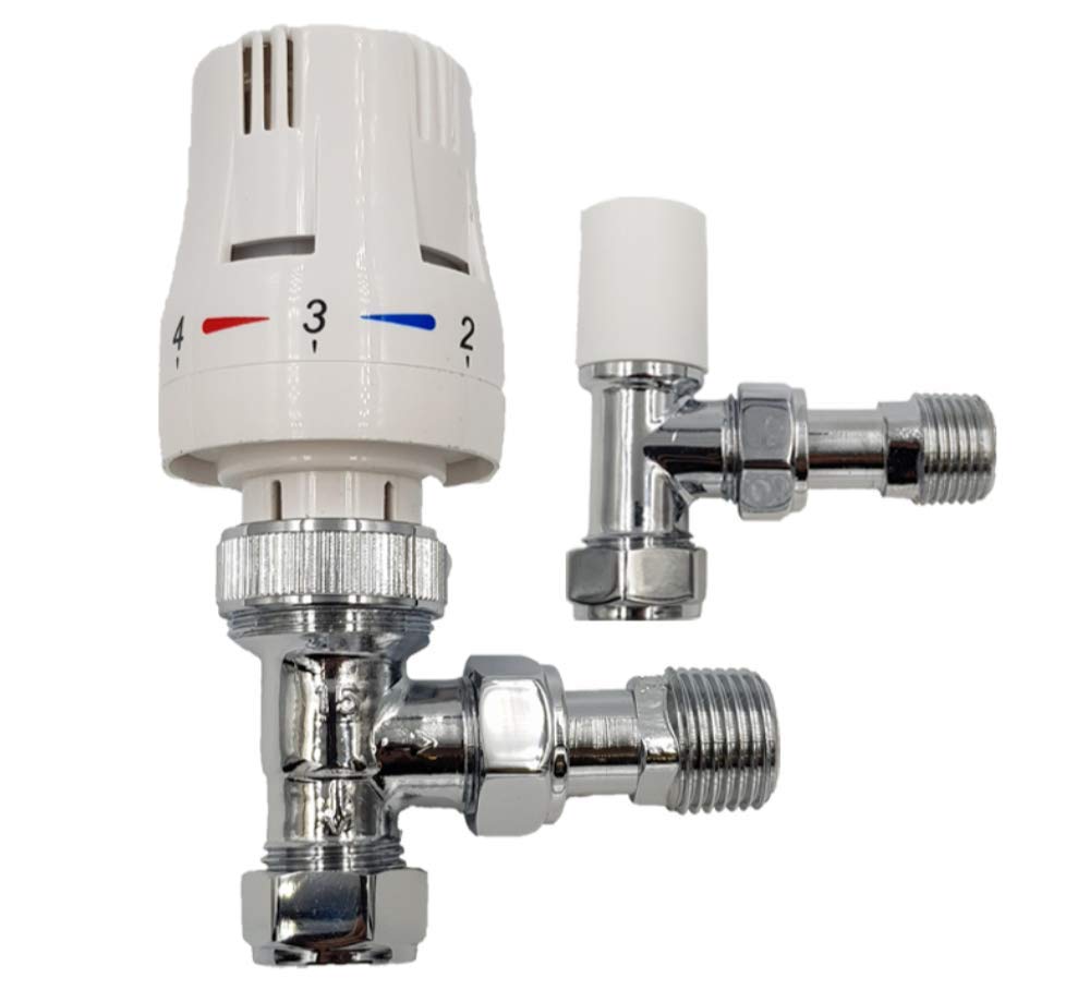 Aumix ½” x 15mm Thermostatic Angle TRV White Radiator Valves + Lockshield Set