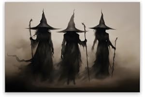 GENERIC Witchy Halloween Wall Art Three Witches Holding Magic Wands Moody Dark Gothic Posters Painting Print Halloween Vintage Room Decor Aesthetic 8x12inch Unframed