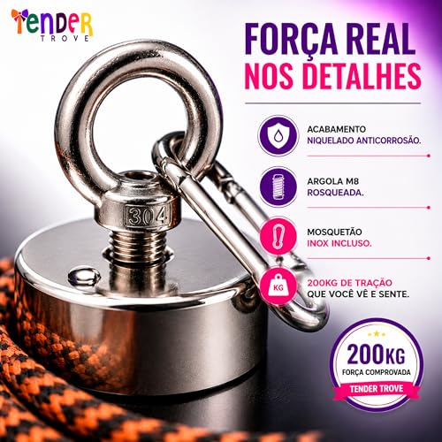 Tender Trove Kit Pesca Magnetica Ima Neodimio 200kg, 60mm, Corda Trancada 20 Metros, Mosquetao Aco Inox, Recuperacao Objetos Metalicos Rios Lagos