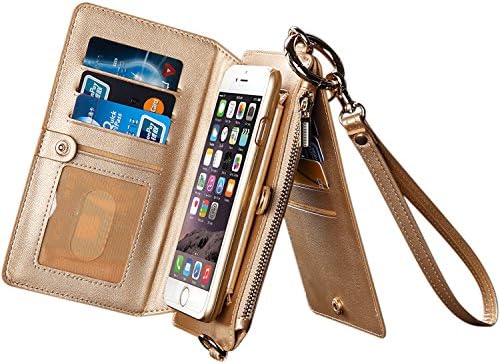 iPhone 8 Plus Case Wallet iPhone 7 Plus Case Wallet with Strap + Card Slots Detachable Phone Case for 5.5 inch iPhone 7 Plus / iPhone 8 Plus in Party Home Travel (Gold)