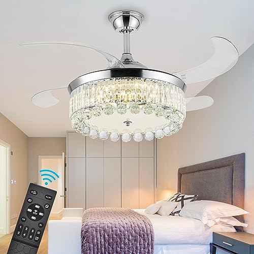 CoscosX Crystal Ceiling Fans with Lights,42 Inch LED 3 Color Remote Control Retractable Invisible Blades,3 Speeds Indoor Ceiling Light Kits with Fans for Decorate Living Room Bedroom