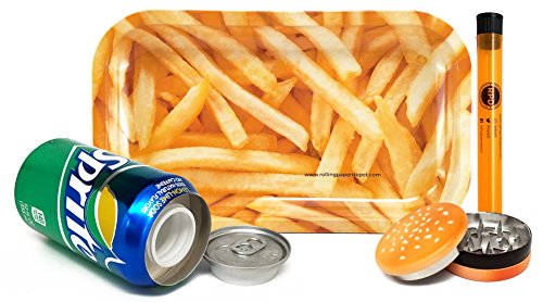 Bundle - 4 Items - Rolling Paper Depot French Fry Rolling Tray With Hamburger Shaped Herb Grinder, Diversion Can Safe and Rolling Paper Depot XL Doob Tube