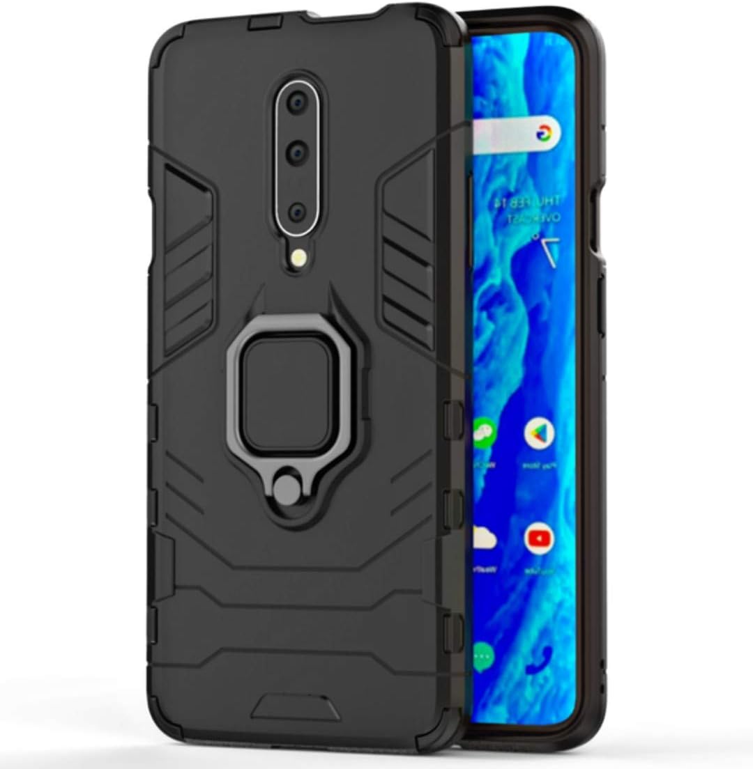 Fortify Rugged Armor TPU + PC Hybrid Kickstand Back Case/Cover with Ring Holder Designed for OnePlus 7 Pro - Armor Black