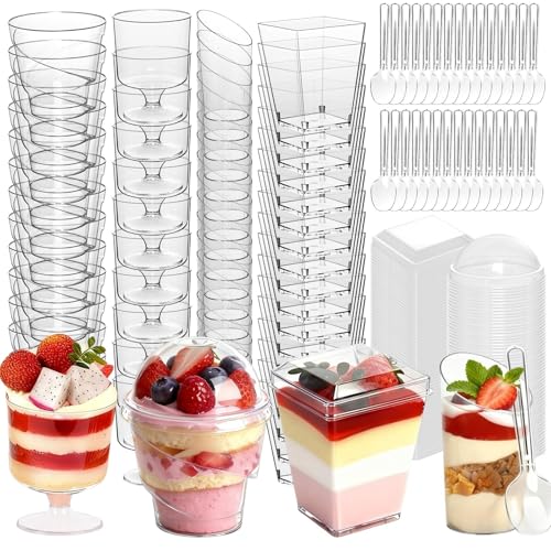 JPPSUJJ 400-Pack 5 oz Dessert Cups with Lids and Spoons, Clear Plastic Parfait & Yogurt Cups, Mini Shooter Cups for Parties, Ice Cream, Pudding, Fruit | Square Appetizer Containers