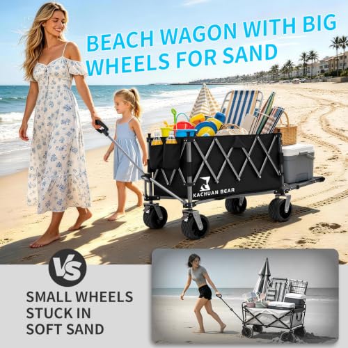 57" L Large Collapsible Foldable Wagon with Tailgate & Brake, 500LBS Heavy Duty Beach Wagons with All-Terrain Big Wheels, 300L Folding Utility Cart for Sand Garden Shopping Groceries Sports (Black)