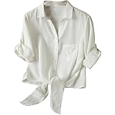 Dauocie Women's Front Tie Tops Casual 3/4 Roll Up Sleeve Button Up Shirts with Pocket