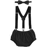 Baby Boys Cake Smash Clothes Diaper Suspenders Pants Bow Tie 3PCS Set First 1st 2nd Birthday Outfit for Photo Prop Party